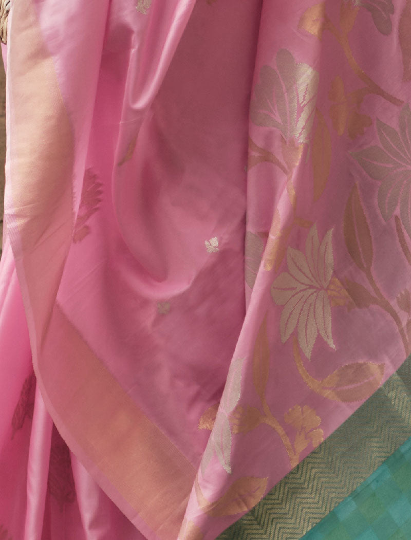 Pink & Sea Green Soft Silk Saree Handloom Weaving With Contrast Pallu And Blouse