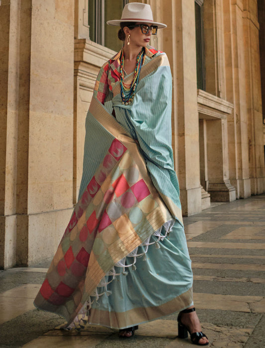 Light Blue Soft Silk Saree Handloom Weaving With Contrast Pallu And Blouse