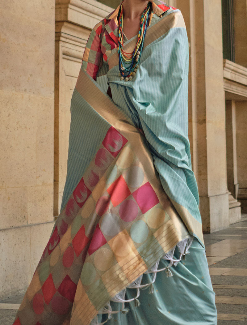 Light Blue Soft Silk Saree Handloom Weaving With Contrast Pallu And Blouse