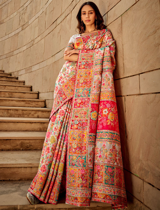 White Silk Blend Woven Saree With Kashmiri Jamewar Type Wear For A Special Occasion