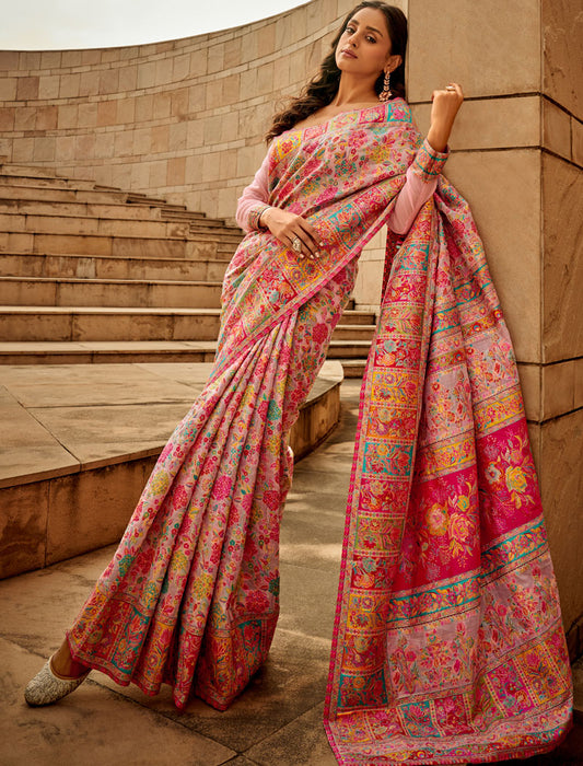 Pink Silk Blend Woven Saree With Kashmiri Jamewar Type Wear For A Special Occasion