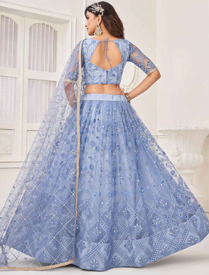 Blue Ethnic Embroidery Designer Semi-Stitched Lehenga Choli