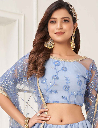 Blue Ethnic Embroidery Designer Semi-Stitched Lehenga Choli