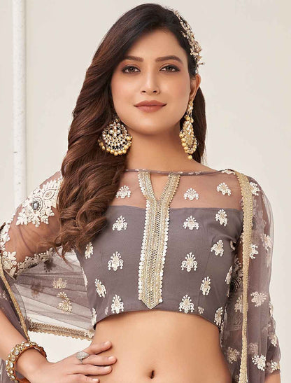 Ethnic Space Grey Embroidery Designer Semi-Stitched Lehenga Choli