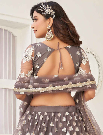 Ethnic Space Grey Embroidery Designer Semi-Stitched Lehenga Choli