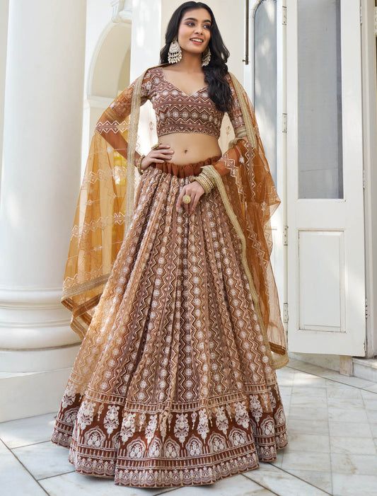 Brown Semi Stitched Party Wear Wedding Lehenga Choli For Women Butterfly Net Intricate White Thread & Sequins Embroidery Work