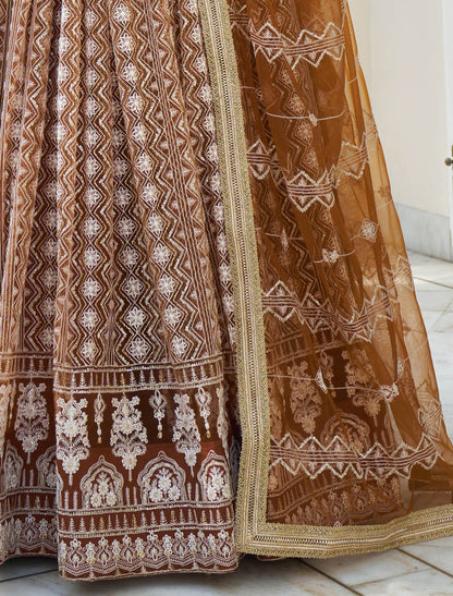 Brown Semi Stitched Party Wear Wedding Lehenga Choli For Women Butterfly Net Intricate White Thread & Sequins Embroidery Work