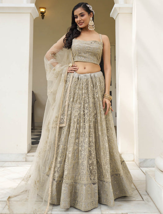 Ivory Semi Stitched Party Wear Wedding Lehenga Choli For Women With Butterfly Net & Embroidery