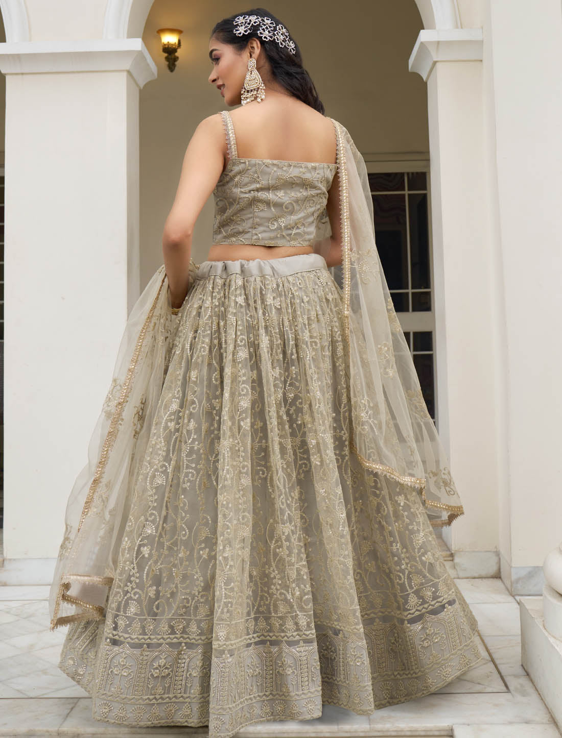 Ivory Semi Stitched Party Wear Wedding Lehenga Choli For Women With Butterfly Net & Embroidery