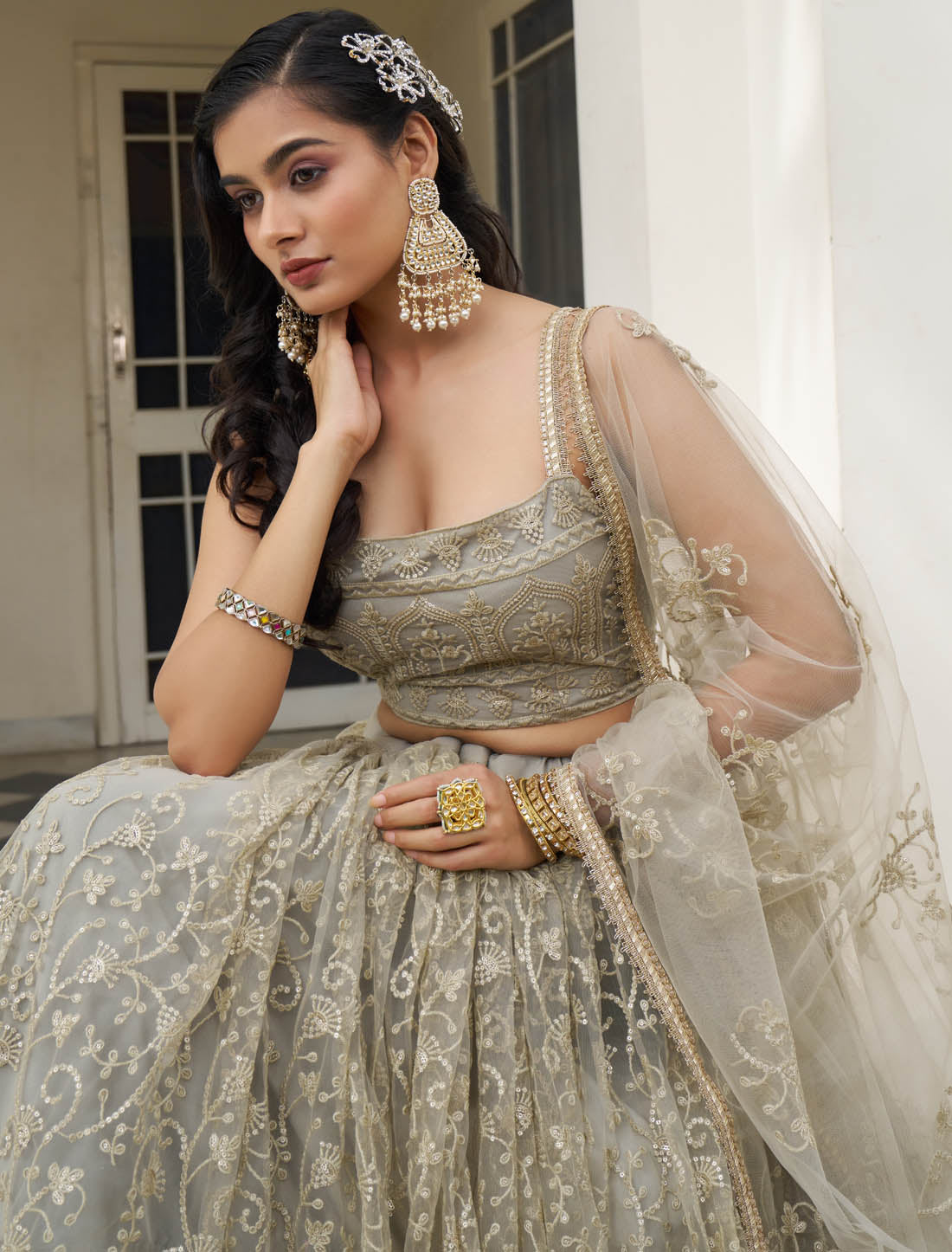 Ivory Semi Stitched Party Wear Wedding Lehenga Choli For Women With Butterfly Net & Embroidery