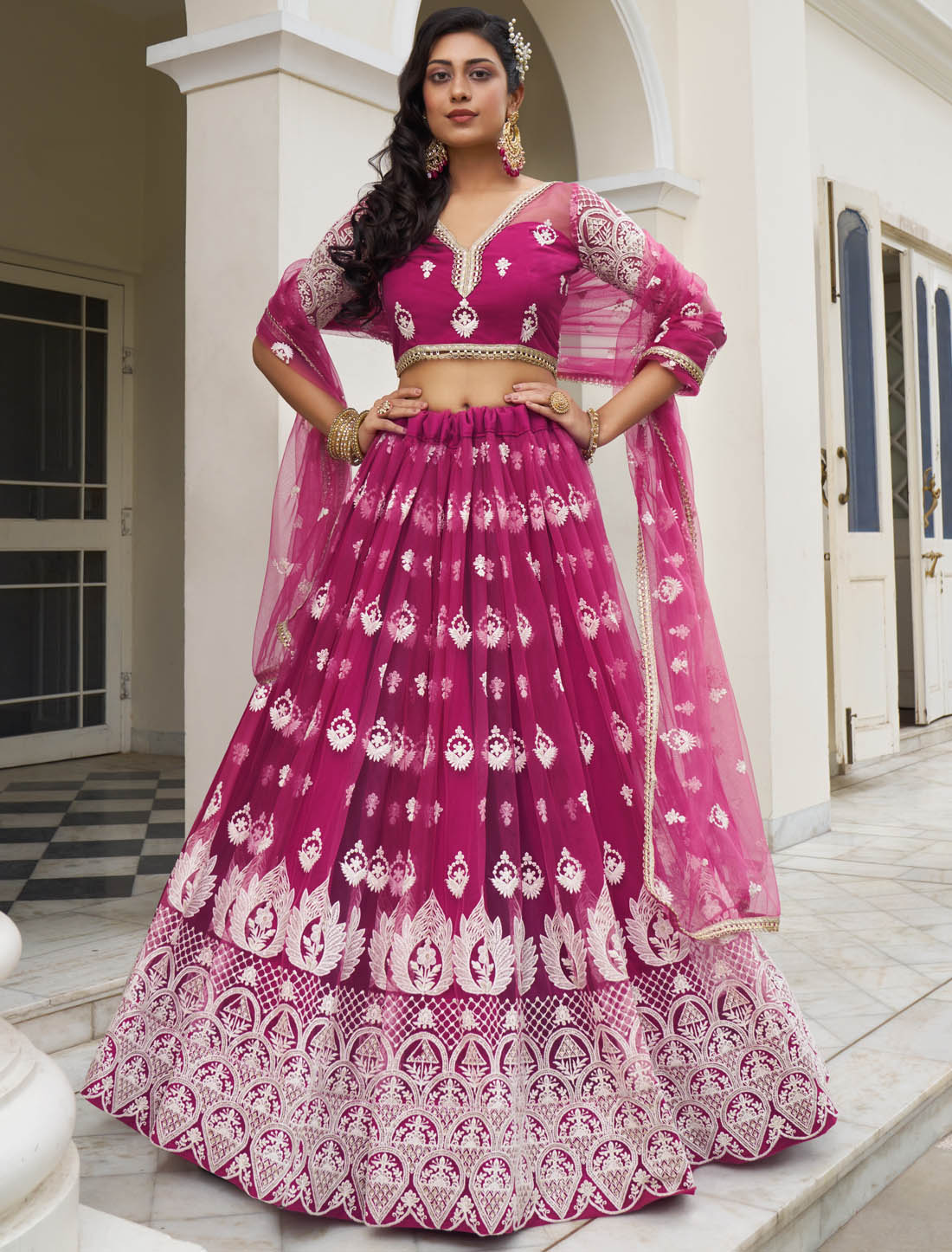 Dark Pink Wedding Semi Stitched Lehenga Choli for Women Party Wear With Butterfly Net & Elegant White Thread & Sequin Embroidery Work