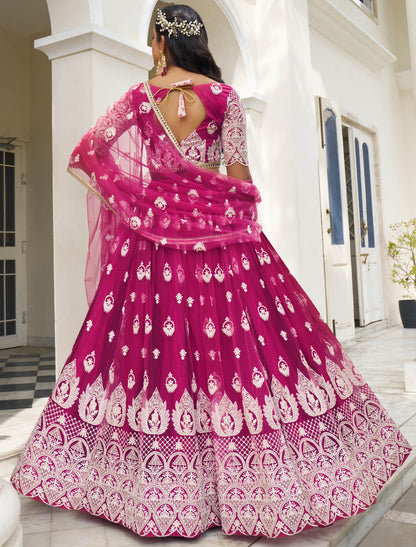 Dark Pink Wedding Semi Stitched Lehenga Choli for Women Party Wear With Butterfly Net & Elegant White Thread & Sequin Embroidery Work