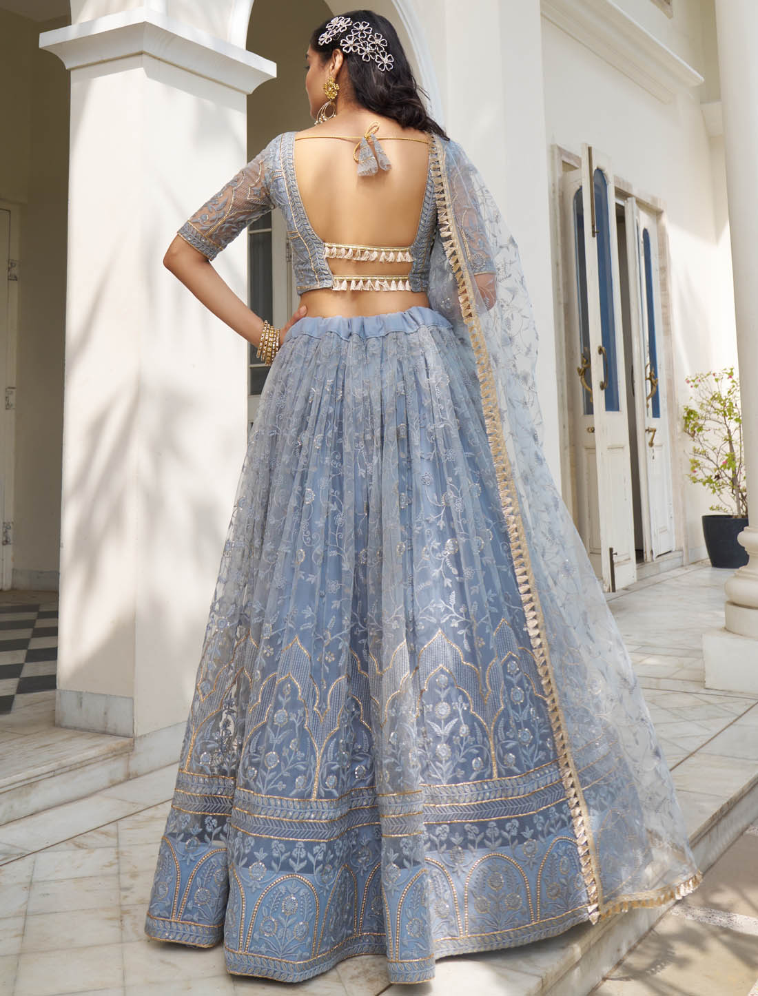 Light Blue Gray Women Semi Stitched Lehenga Choli For Weddng & Party Wear With Butterfly Net & Inner & Dupatta Tone-to-Tone Embroidery