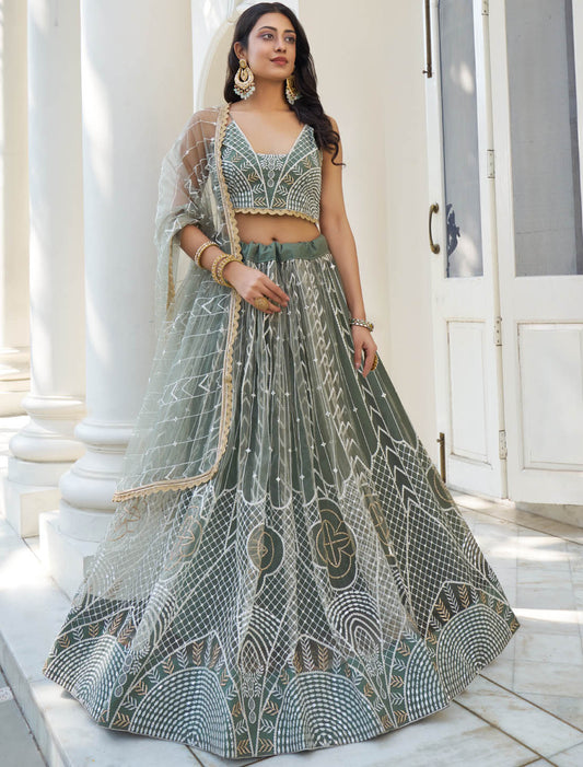 Dusty Green Women Semi Stitched Lehenga Choli For Wedding & Party Wear With Inner Intricate White Thread & Sequin Embroidery Work