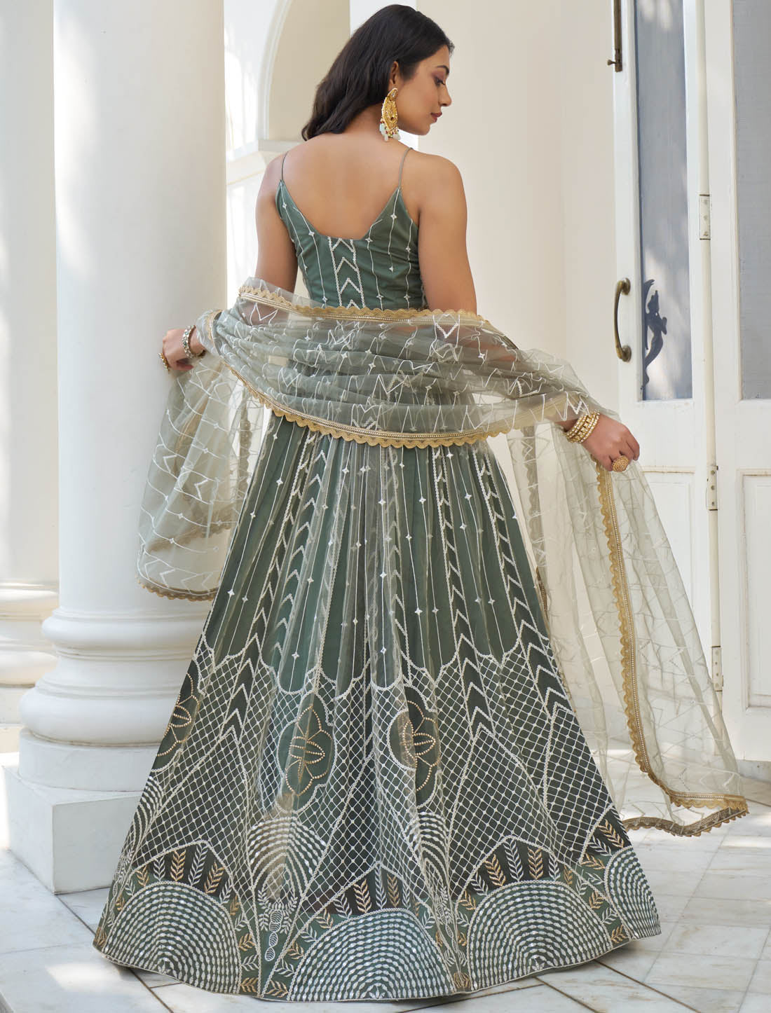 Dusty Green Women Semi Stitched Lehenga Choli For Wedding & Party Wear With Inner Intricate White Thread & Sequin Embroidery Work