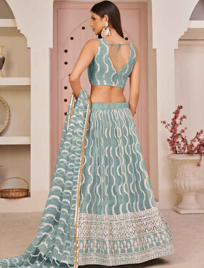 Ethnic Sea Blue Embroidery Semi-Stitched Lehenga Choli