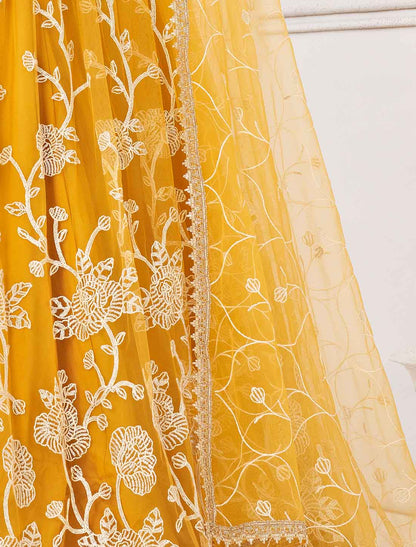Yellow Bridal Butterfly Net Embroidery Semi-Stitched Lehenga Choli