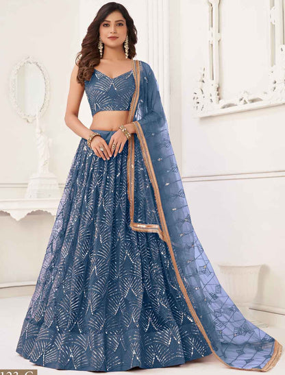Blue Butterfly Net Embroidery Semi-Stitched Ethnic Lehenga Choli