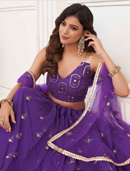 Bridal Purple Embroidery Ethnic Semi-Stitched Lehenga Choli