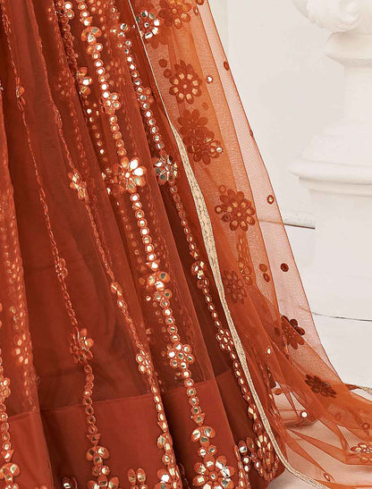 Orange Bridal Ethnic Embroidery Semi-Stitched Lehenga Choli