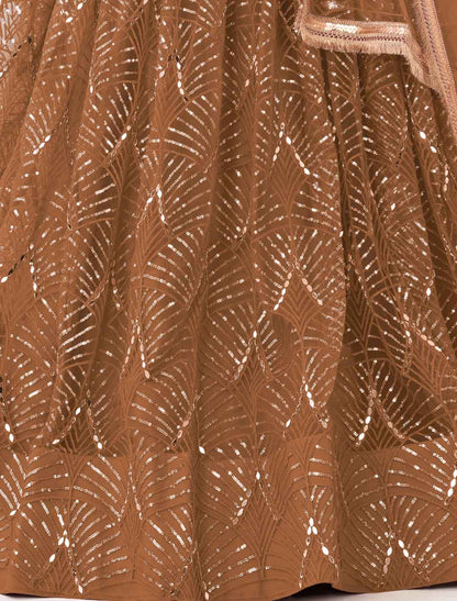 Dusty Brown Butterfly Net Ethnic Embroidery Semi-Stitched Lehenga Choli