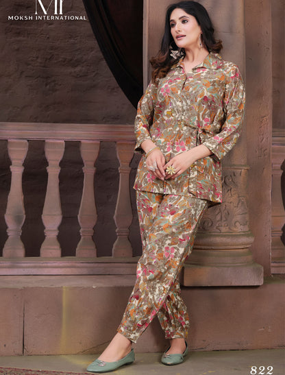 Dreamy Premium Florals Chanderi Export Quality Women Co-ord Set With Printed Top & Pant Ensemble