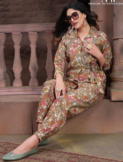 Dreamy Premium Florals Chanderi Export Quality Women Co-ord Set With Printed Top & Pant Ensemble
