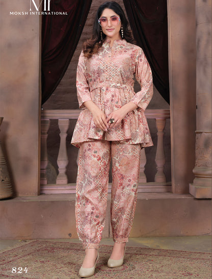 Botanical Beauty Premium Chanderi Export Quality Co-ord Set For Women Print Top & Pant