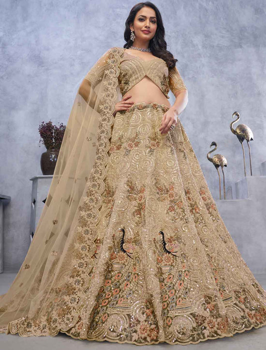 Ethnic Alluring Bel Butti pattern Golden Sangeet Lehenga Choli