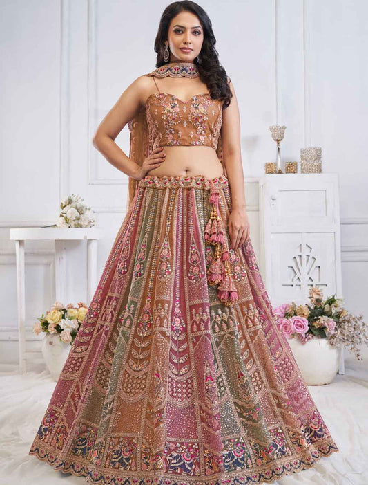 Ethnic Musatrd Zari Weaving Net Lehenga Choli With Dupatta