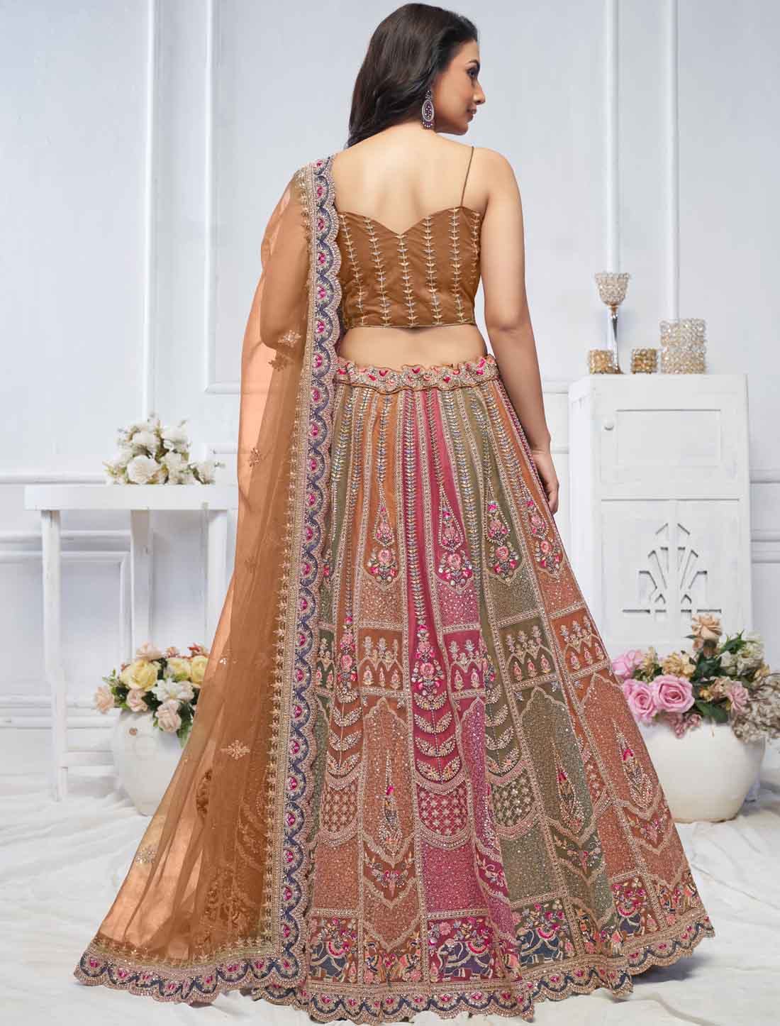 Ethnic Musatrd Zari Weaving Net Lehenga Choli With Dupatta