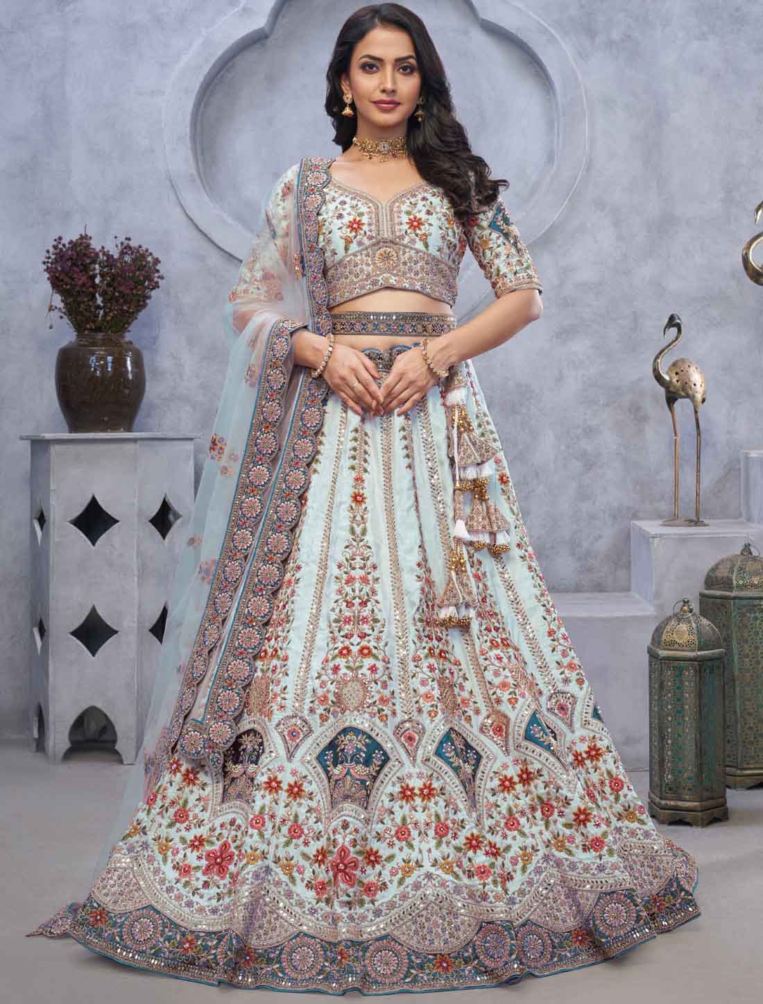 Stunning sky blue with Zari Paisley Embroidery Ethnic Lehenga Choli