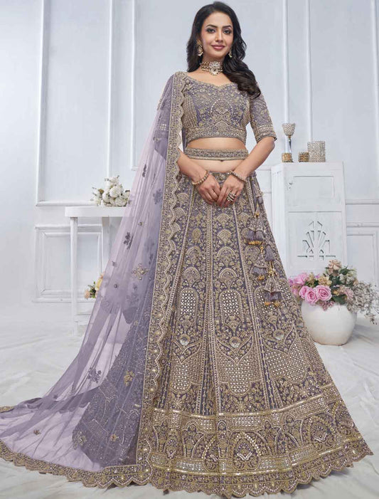 Soft Net Peacock Purple Embroidered Bridal Ethnic Lehenga Choli