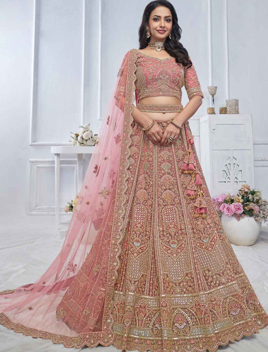 Soft Net Pastel Onion Ethnic Embroidered Bridal Lehenga Choli