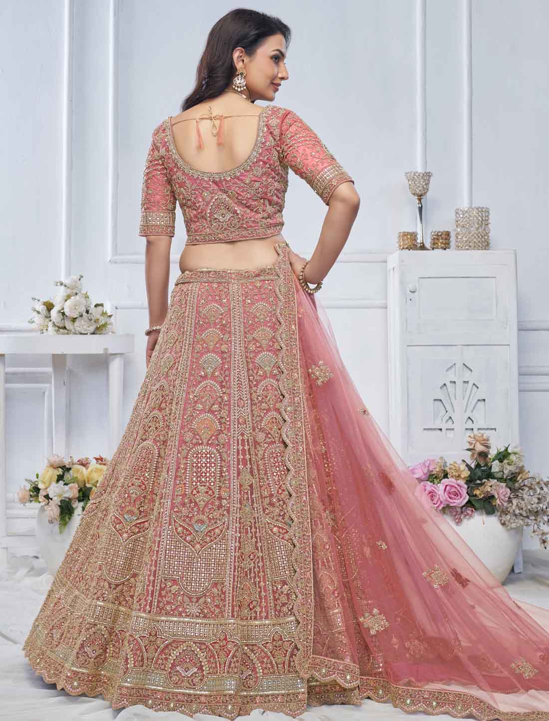 Soft Net Pastel Onion Ethnic Embroidered Bridal Lehenga Choli