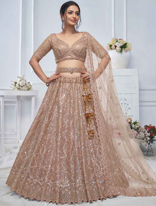 Alluring Brown Sequins Soft Net Bridesmaid Lehenga Choli An Dupatta