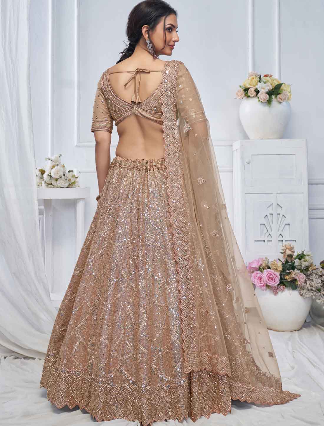 Alluring Brown Sequins Soft Net Bridesmaid Lehenga Choli An Dupatta