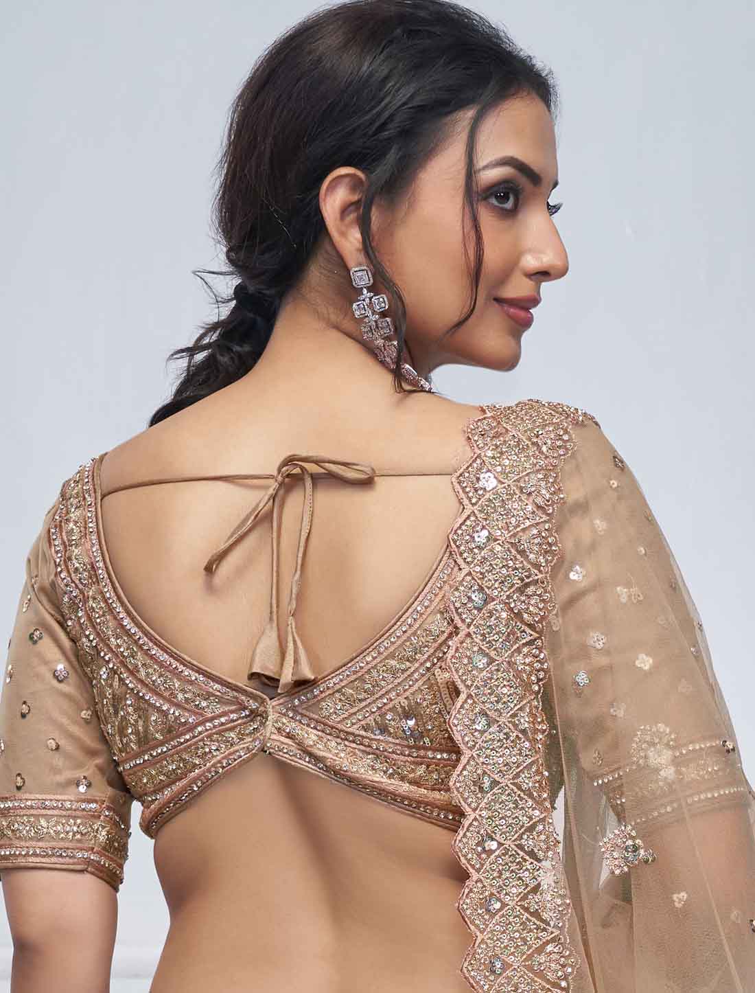 Alluring Brown Sequins Soft Net Bridesmaid Lehenga Choli An Dupatta