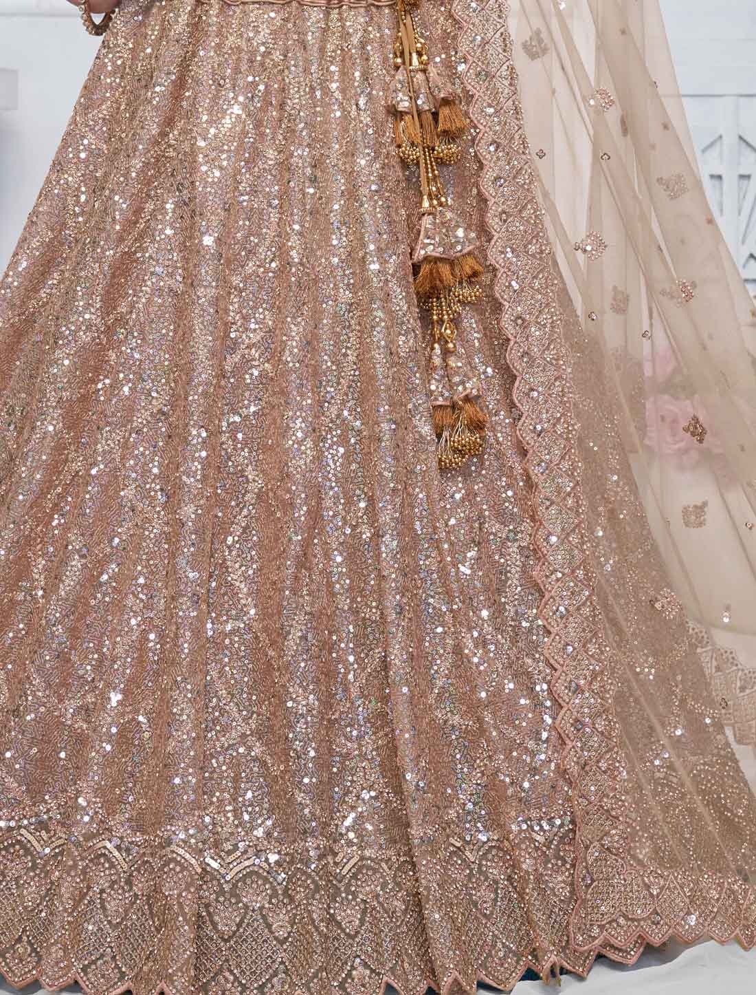 Alluring Brown Sequins Soft Net Bridesmaid Lehenga Choli An Dupatta