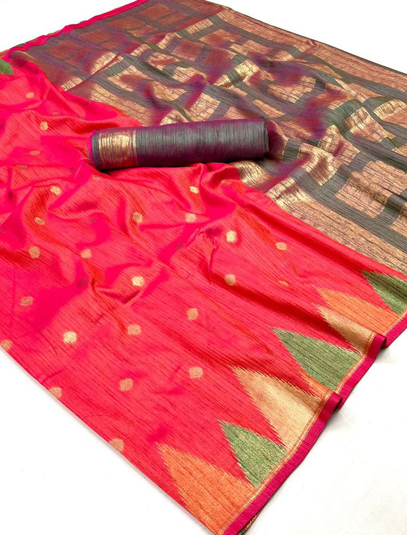 Peach Khadi Silk Saree Handloom Weaving With Contrast Pallu And Blouse