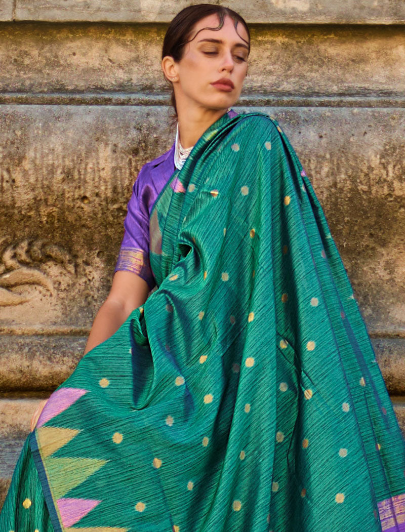 Peacock Green Khadi Silk Saree Handloom Weaving With Contrast Pallu And Blouse