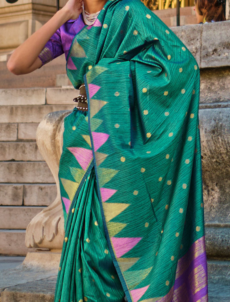 Peacock Green Khadi Silk Saree Handloom Weaving With Contrast Pallu And Blouse