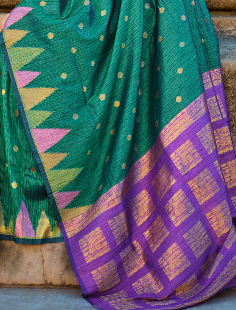 Peacock Green Khadi Silk Saree Handloom Weaving With Contrast Pallu And Blouse