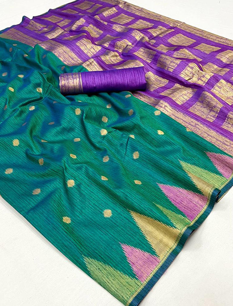 Peacock Green Khadi Silk Saree Handloom Weaving With Contrast Pallu And Blouse