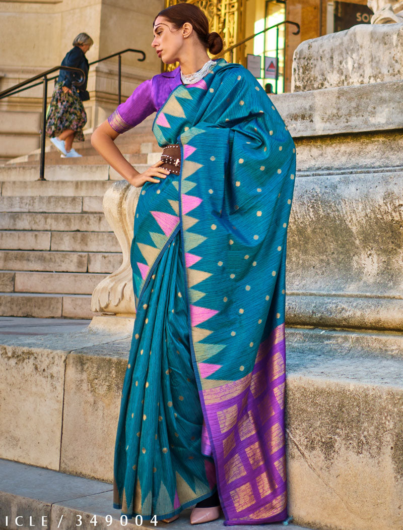 Turquoise Blue Khadi Silk Saree Handloom Weaving With Contrast Pallu And Blouse