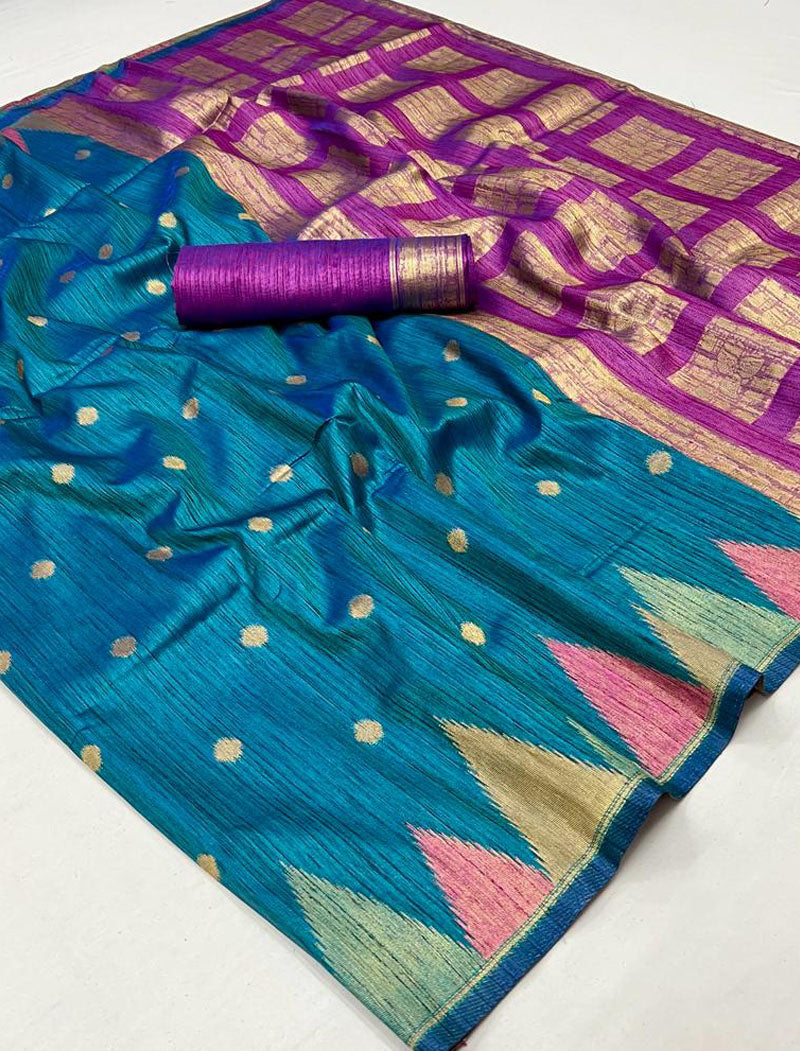 Turquoise Blue Khadi Silk Saree Handloom Weaving With Contrast Pallu And Blouse