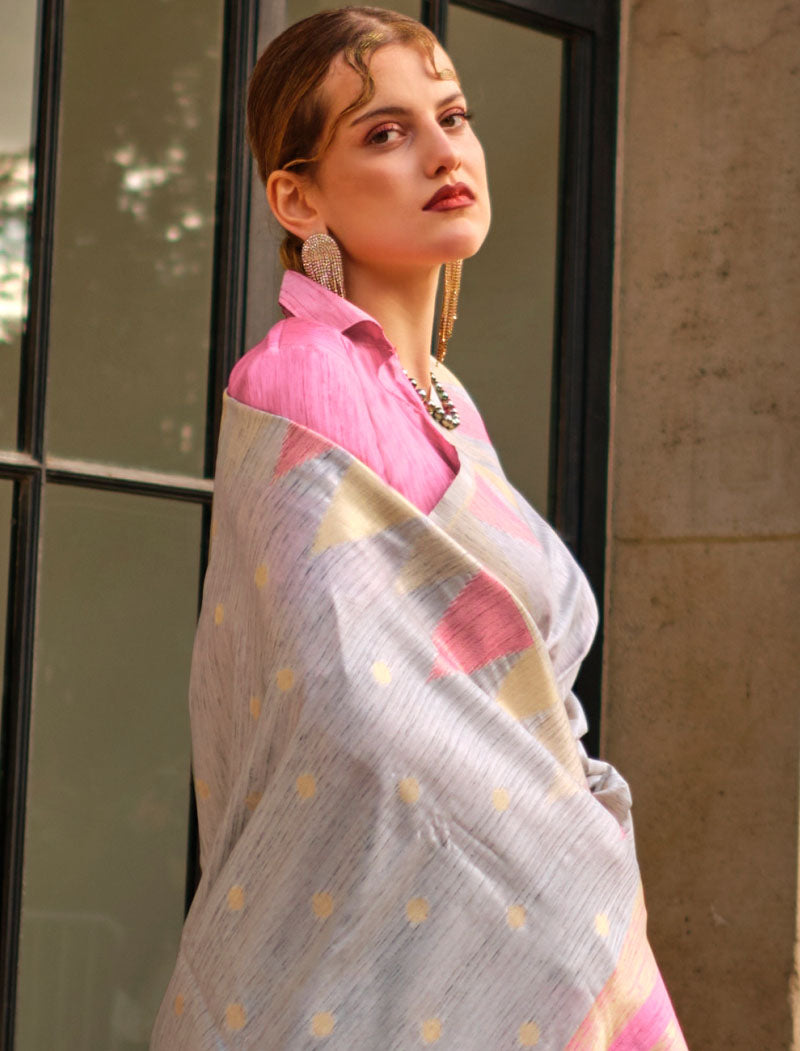 Light Grey Khadi Silk Saree Handloom Weaving With Contrast Pallu And Blouse