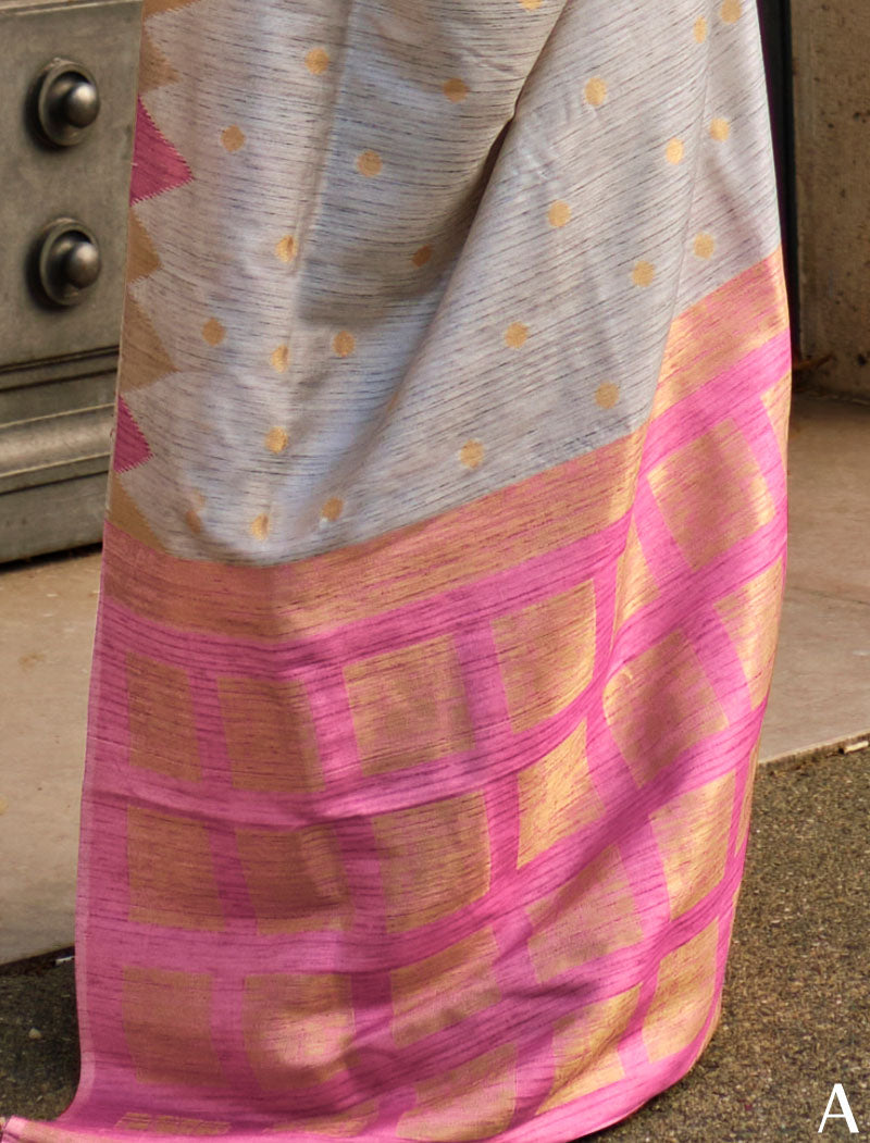 Light Grey Khadi Silk Saree Handloom Weaving With Contrast Pallu And Blouse