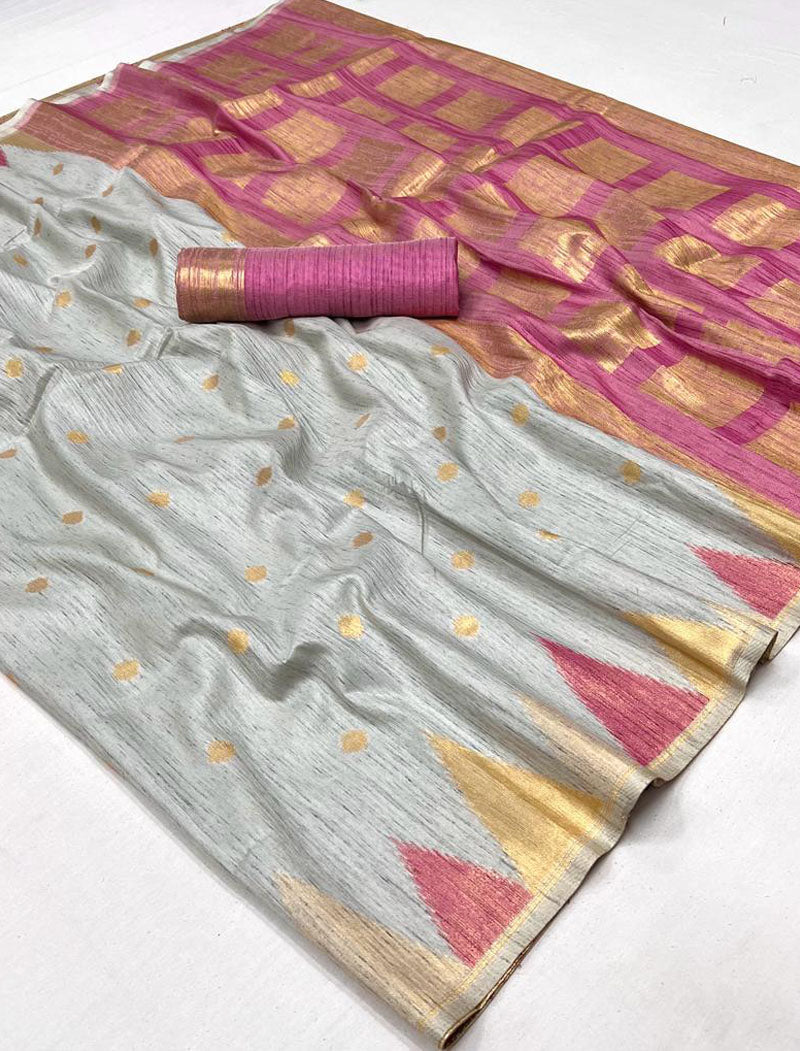 Light Grey Khadi Silk Saree Handloom Weaving With Contrast Pallu And Blouse