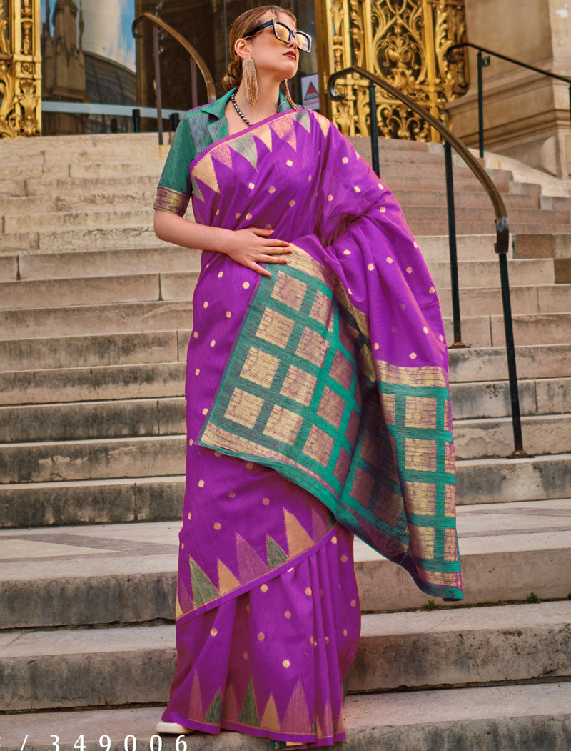 Purple Khadi Silk Saree Handloom Weaving With Contrast Pallu And Blouse